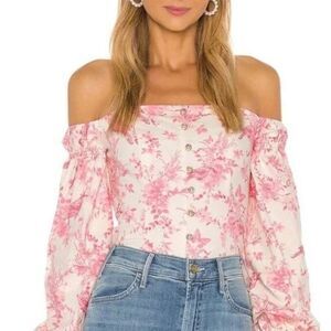 Revolve Pink Butterfly Floral Corset Top S Cottagecore Edwardian Milkmaid Blouse
